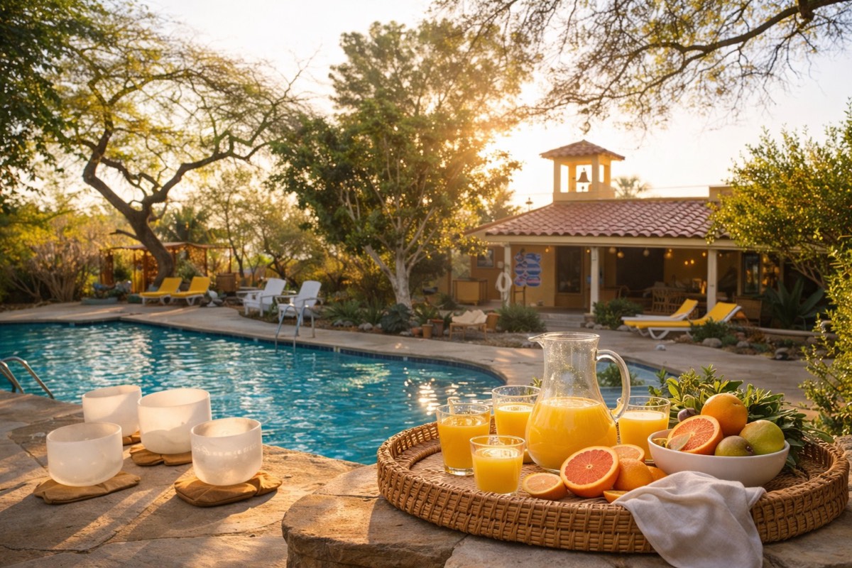 Crystal singing bowls beside the hot spring pool at golden hour, with a tray of fresh juice and citrus